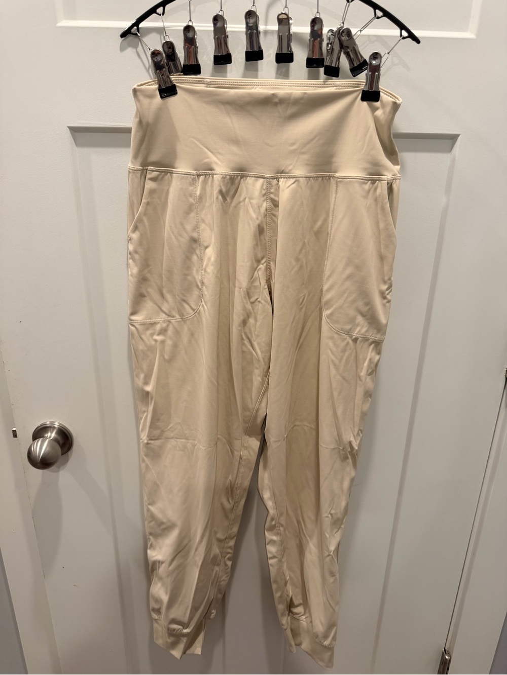 Oalka Large Beige High Waist Yoga Joggers Stretch Pocket Athleisure Pants